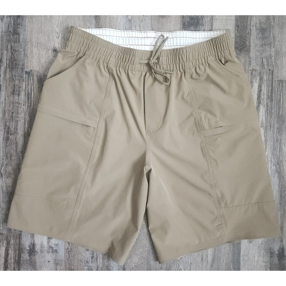 Lands End Performance Cargo Shorts Mens Medium Tan Khaki Pull On Elastic